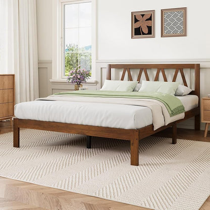 Walnut 12 Inch Queen Bed Frame with Headboard – Solid Wood, No Box Spring Required, Easy Assembly