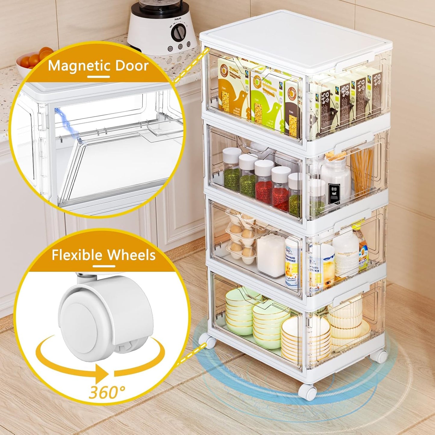 SNSLXH Clear Storage Bins - 24QT Portable Bins with Lid & Wheels | Stackable 4-Tier Design for Home & Office