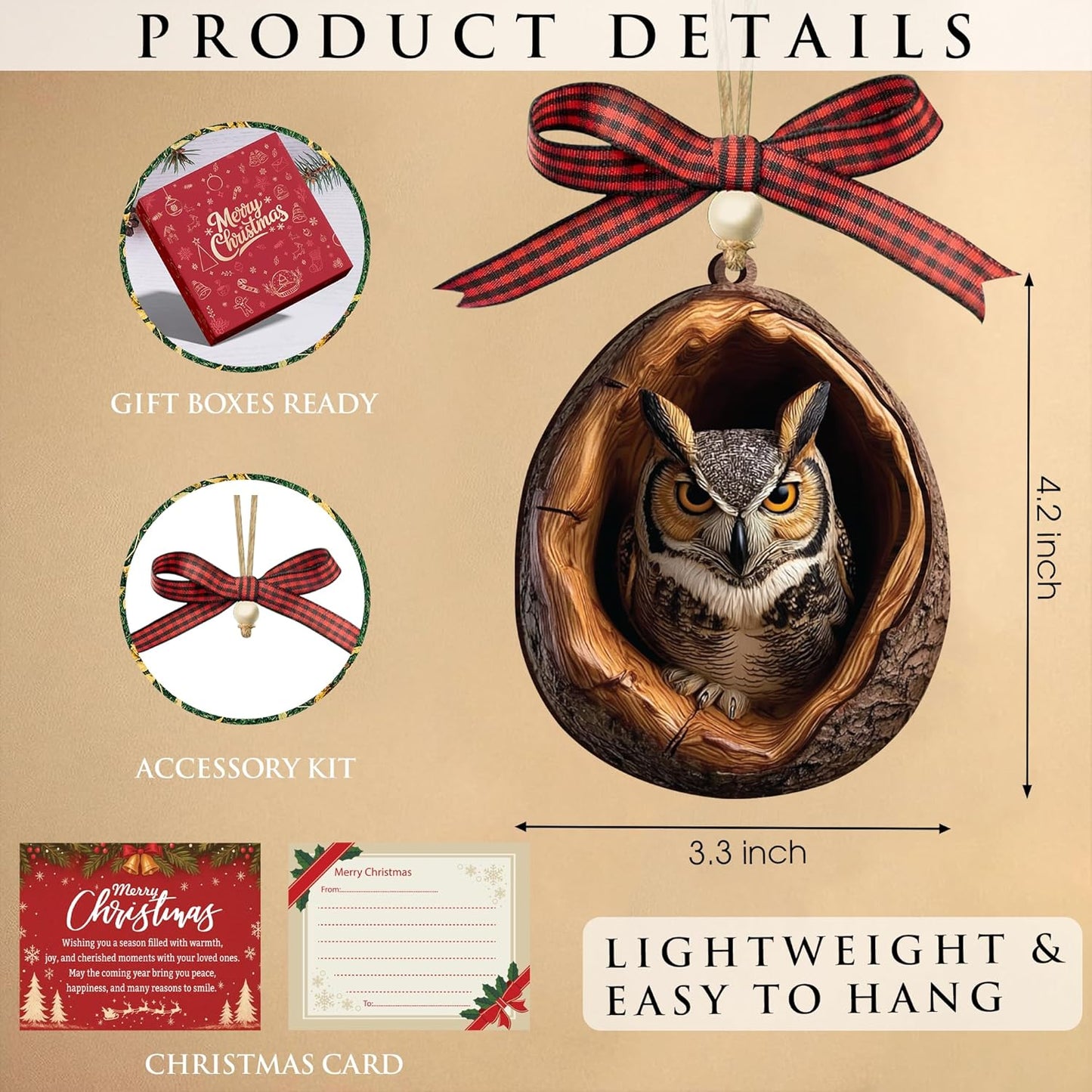 Skiennix Owl Ornaments - Realistic 3.54'' Flat Wood Decor for Christmas | Unique Gifts for Owl Lovers