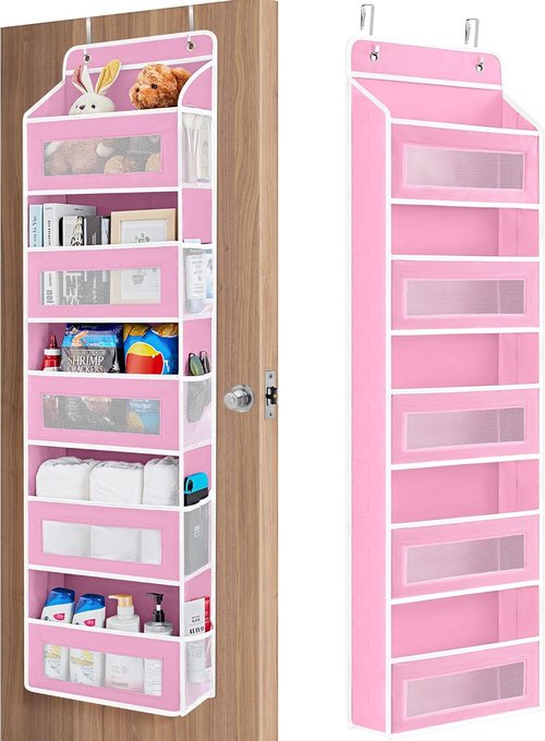 JARLINK Over The Door Organizer - 5 Shelf Hanging Storage with 5 Large Pockets | Anti-Tilt Design, Pink