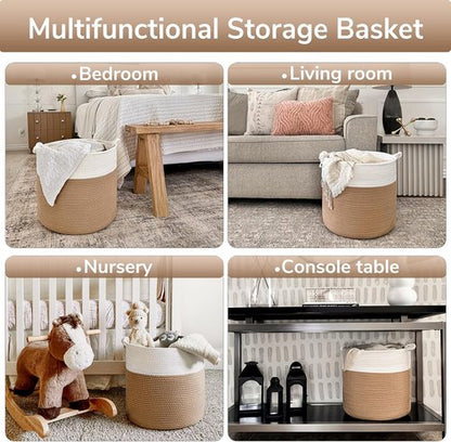 Goodpick Cotton Rope Storage Basket - 15 x 14.2 Inches | Jute Woven Organizer for Blankets & Toys, White