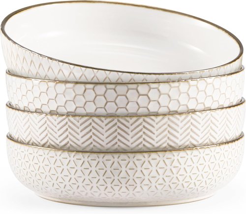 KooK Ceramic Pasta Bowls - Large Capacity Serving Bowls for Stews & Salads | Set of 4, Ivory with Dark Copper Accents, 40 oz