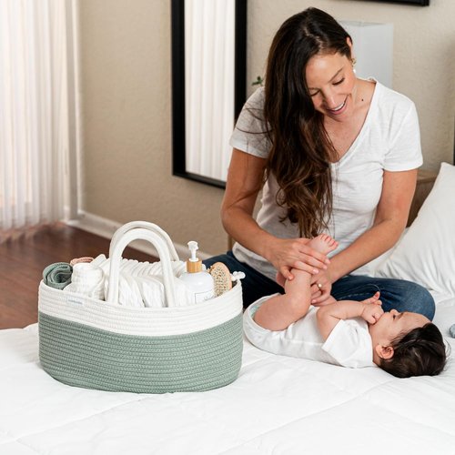 Comfy Cubs Diaper Caddy Organizer - Large 8.5" x 15" x 8" Cotton Basket with 3 Compartments - Stylish Sage Design for Baby Essentials