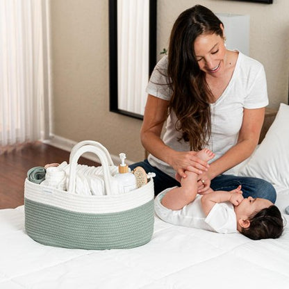 Comfy Cubs Diaper Caddy Organizer - Large 8.5" x 15" x 8" Cotton Basket with 3 Compartments - Stylish Sage Design for Baby Essentials