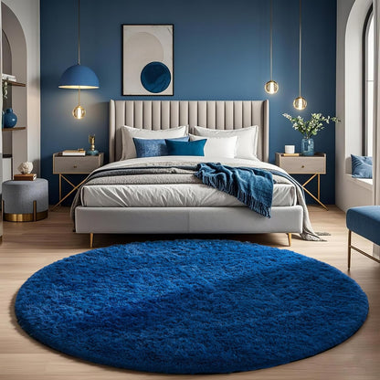 Ophanie Round Rug - 6Ft Blue Circle Area Rug | Fluffy Soft Shaggy Carpet for Kids' Rooms