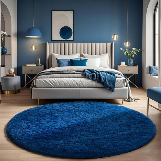 Ophanie Round Rug - 6Ft Blue Circle Area Rug | Fluffy Soft Shaggy Carpet for Kids' Rooms