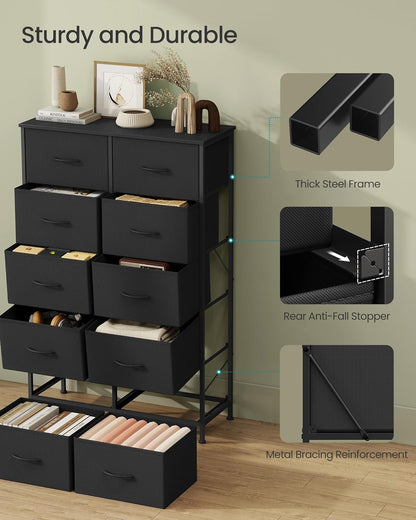 SONGMICS Dresser - Rustic Brown & Ink Black Chest of Drawers with 10 Non-Woven Fabric Storage Bins