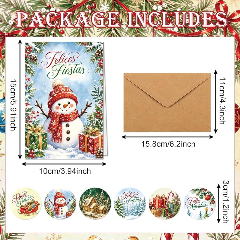 Spanish Christmas Cards with Envelopes & Stickers 24PCS - Variation: Spanish Christmas