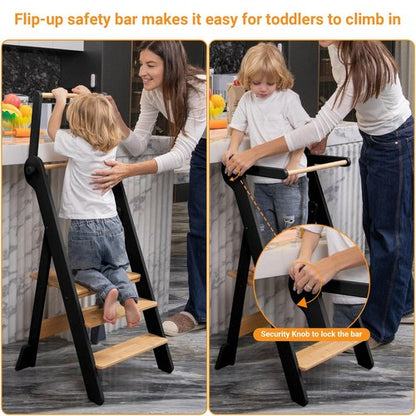 COSYLAND Foldable Toddler Standing Tower - Adjustable Height Folding Step Stool Kid Toddler Kitchen Stool for Learning and Cooking - Ages 18 Months to 6 Years with Safety Net Natural & Charcoal