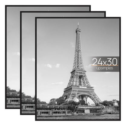 upsimples 24x30 Poster Frame Black 3 Pack, Scratch-Proof Picture Frames 24 x 30 for Photo Gallery - Slide-In Strips, Horizontal or Vertical Wall Mounting