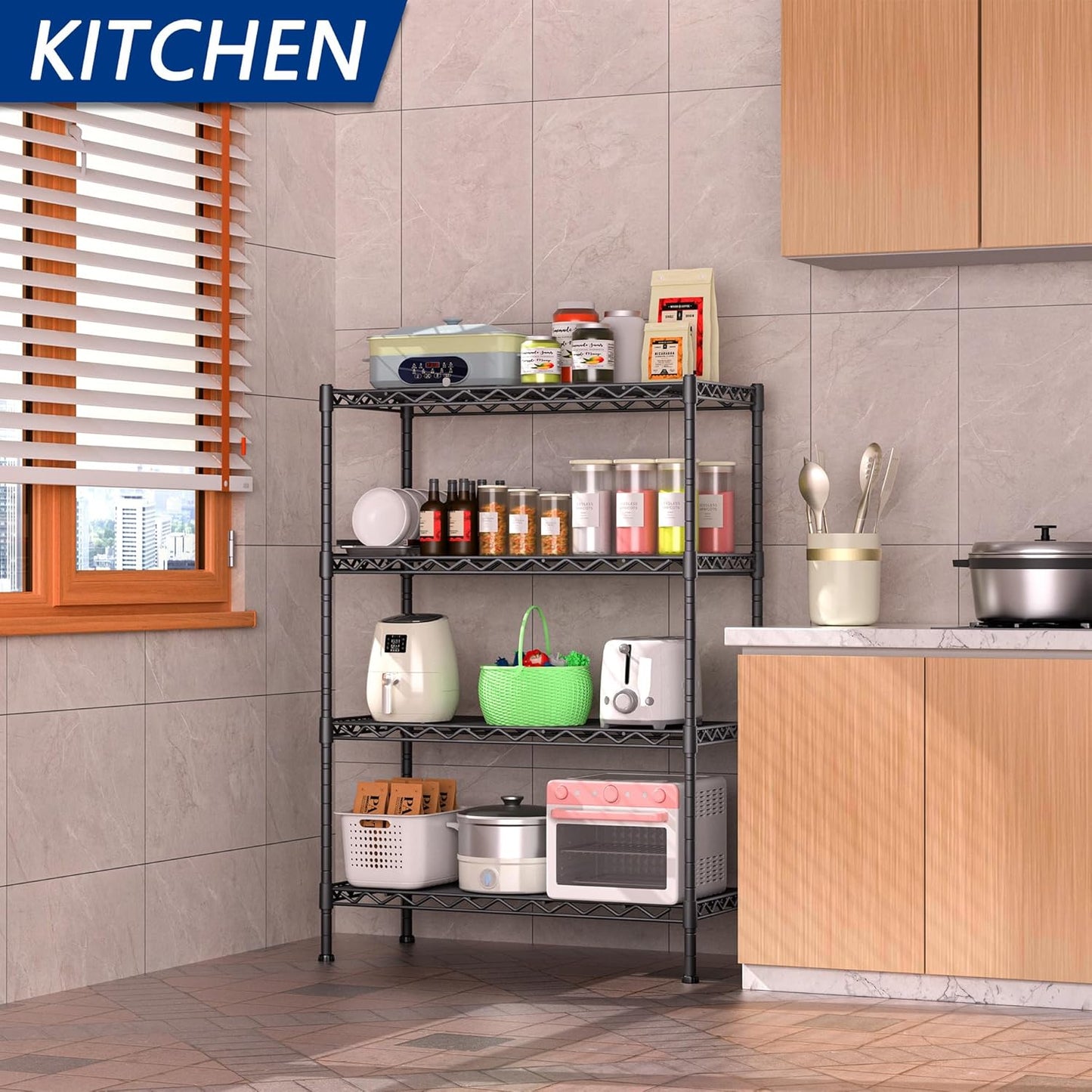 Regine Switzerland Heavy Duty Storage Shelving Unit - 4-Shelf Metal Organizer Rack for Laundry, Kitchen & Closet | Black