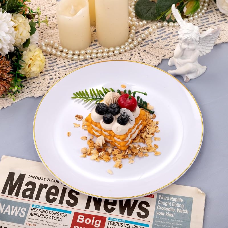 White with Gold Rim 9 Inch Plastic Dinner Plates - 50 Pack, Disposable Party & Wedding Plates