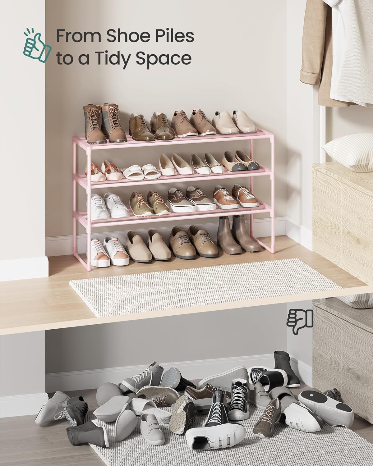 SONGMICS 3-Tier Shoe Rack - Stackable Metal Organizer for 16-20 Pairs | Jelly Pink, 11.8 x 36.2 x 21.7 Inches