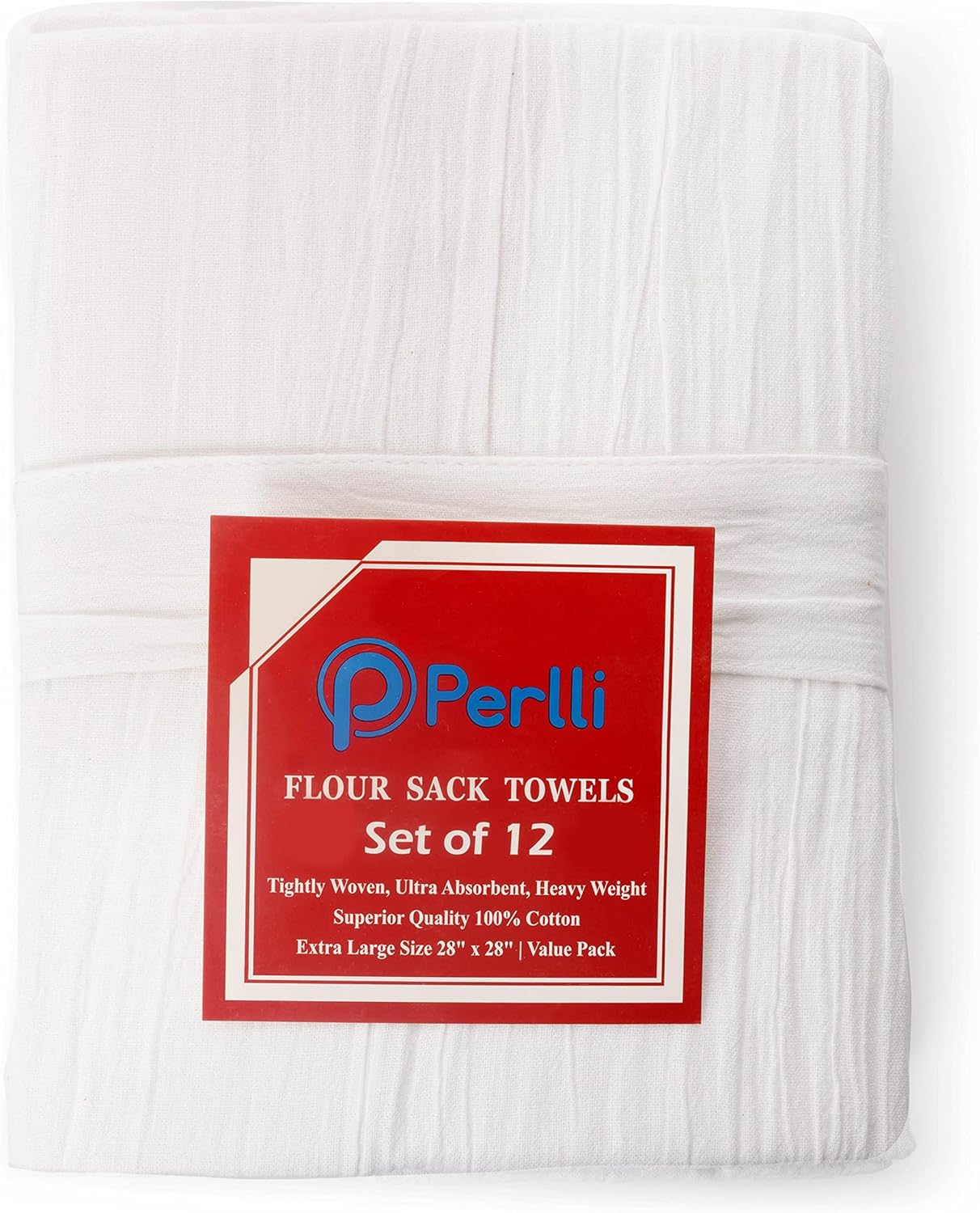 Perlli Kitchen Flour Sack Towels - 12 Pack Lint-Free 100% Cotton Dish Drying Cloths | 28 x 28 Inches, White