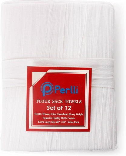 Perlli Kitchen Flour Sack Towels - 12 Pack Lint-Free 100% Cotton Dish Drying Cloths | 28 x 28 Inches, White