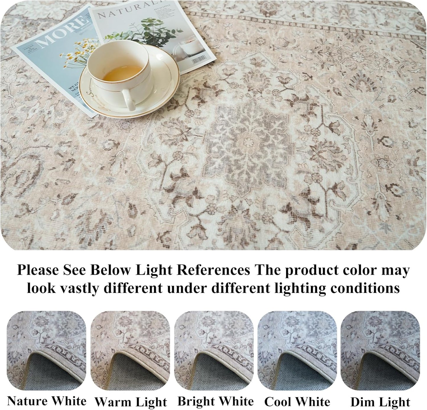 Skiennix 8x10 Living Room Rug - Washable Oriental Stain Resistant Carpet | Ultra Soft Non-Slip Beige Mat for Home Decor