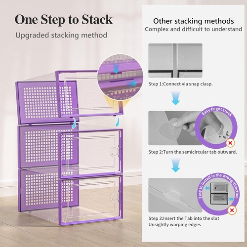 Kuject X-Large Shoe Storage Boxes - Clear Plastic Stackable 12 Pack for Sneakers & Toys | Purple