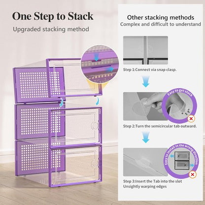 Kuject X-Large Shoe Storage Boxes - Clear Plastic Stackable 12 Pack for Sneakers & Toys | Purple