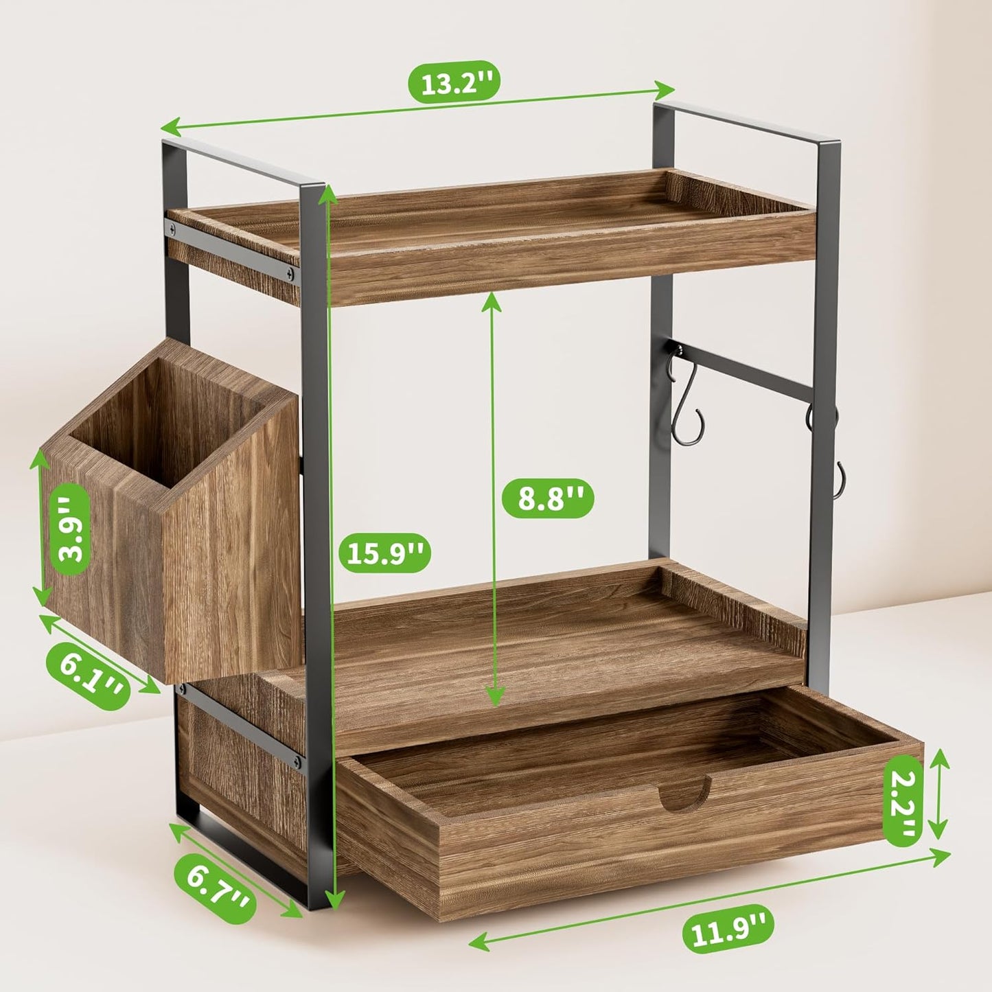 Skiennix 2-Tier Bathroom Counter Organizer - Stylish Wood Storage with Drawer & Basket | Dark Brown