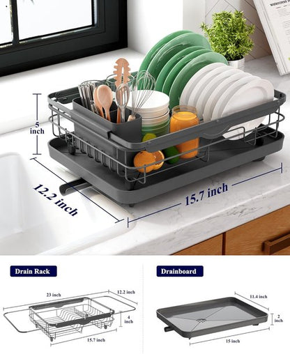 Kitsure Dish Drying Rack - Stainless Steel Kitchen Organizer with Cutlery Holder | 12.2''W x 15.7''~23''L, Grey