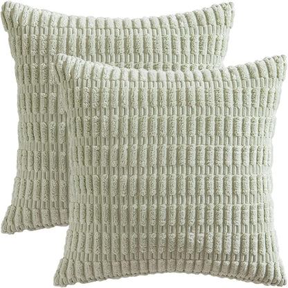 MIULEE Decorative Throw Pillow Covers - Soft Boho Striped Corduroy | Pack of 2, 20x20 Inch, Light Green