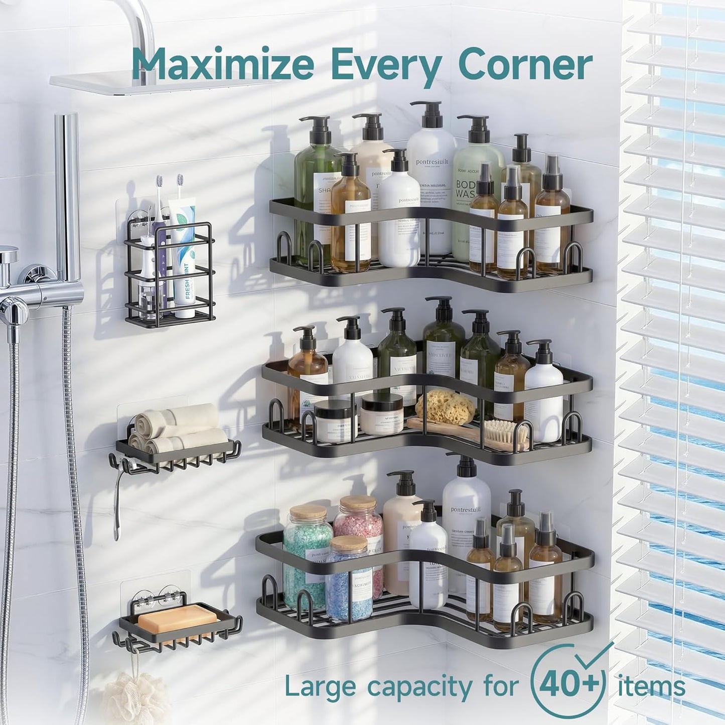Veken Corner Shower Caddy - Rustproof Wall-Mounted Organizer with Soap Holder | 6-Pack, Black