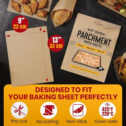 Baker's Signature Stainless Steel Baking Sheet Set - Includes 125 Unbleached Parchment Paper Sheets | 9x13 Inch Non-Stick, Curl-Free Design