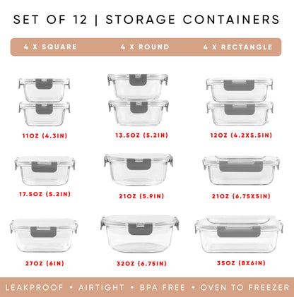 JoyJolt JoyFul 24pc Borosilicate Glass Storage Containers with Lids. 12 Airtight, Freezer Safe Food Storage Containers, Pantry Kitchen Storage Containers, Glass Meal Prep Container for Lunch