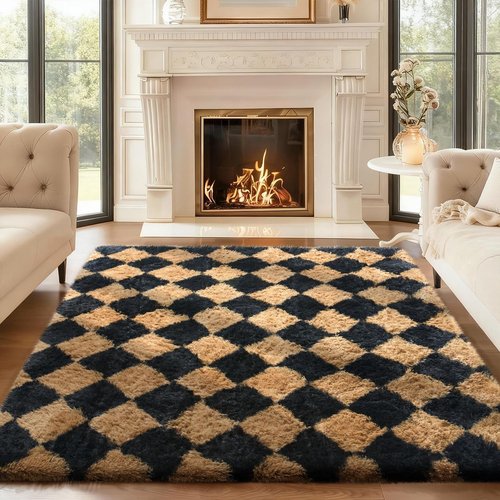 Ophanie Checkered Black & Beige Rhombus Rugs for Living Room Bedroom, Fluffy Soft Cute Fuzzy Area Rug, Plush Shaggy Bedside Floor 4x6 Furry Carpet for Kids Baby Teen Dorm Nursery Home Decor Aesthetic