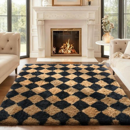 Ophanie Checkered Black & Beige Rhombus Rugs for Living Room Bedroom, Fluffy Soft Cute Fuzzy Area Rug, Plush Shaggy Bedside Floor 4x6 Furry Carpet for Kids Baby Teen Dorm Nursery Home Decor Aesthetic