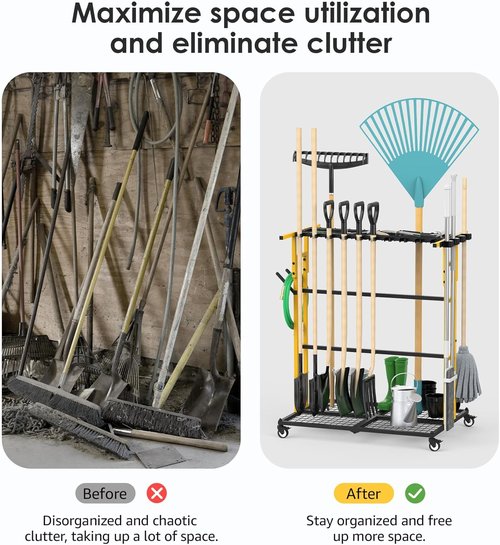 CCCEI Garage Organization Cart - Mobile Outdoor Tool Organizer for Yard & Garden | Broom Holder & Storage Solutions