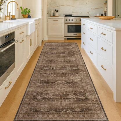 Skiennix Brown Washable Runner Rug - Non-Slip Rubber Backing | 2'6"x8' for Hallways & Entryways