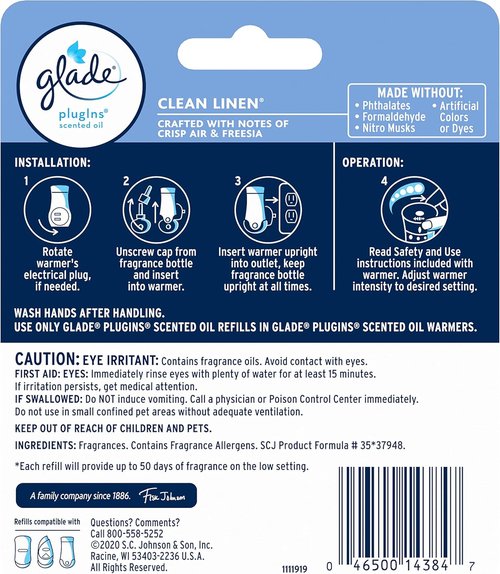 Glade PlugIns Refills Air Freshener - Clean Linen Scented Essential Oils | 1.34 Fl Oz, 2 Count