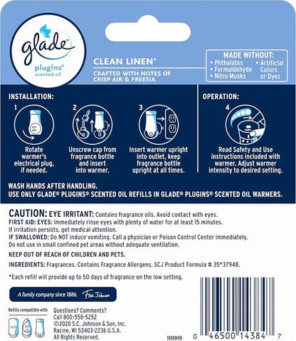 Glade PlugIns Refills Air Freshener - Clean Linen Scented Essential Oils | 1.34 Fl Oz, 2 Count