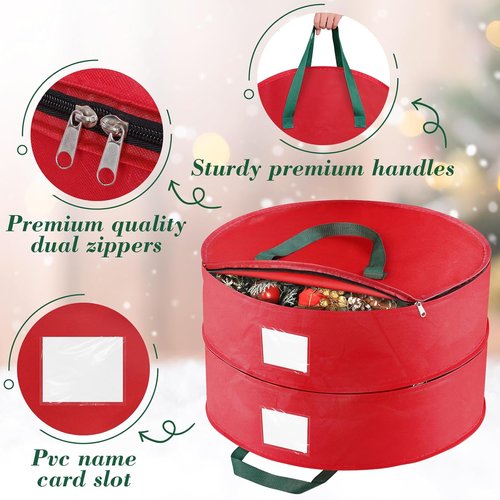 BlessedSeason Wreath Storage Container - Protect Your Holiday Wreaths with Dual Zipper & Handles | 24” Red