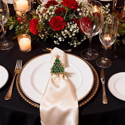 Christmas Tree Napkin Rings Set of 4 - Gold Alloy with Green Enamel & Star Topper (Variation: Christmas Tree + Christmas Tree)
