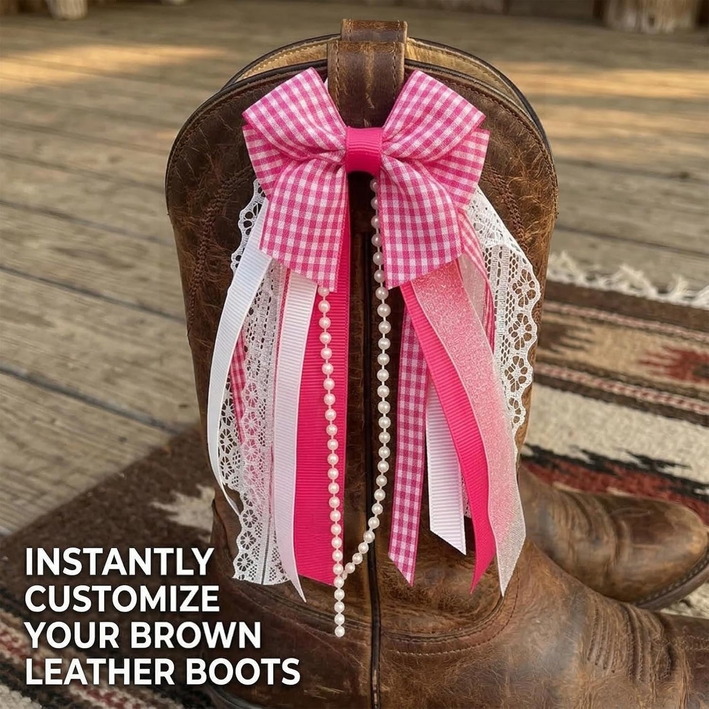 Skiennix Holiday Bow Ribbons - Festive Birthday Accessory Decor | 2 Pink Plaid Cowboy Boot Charms