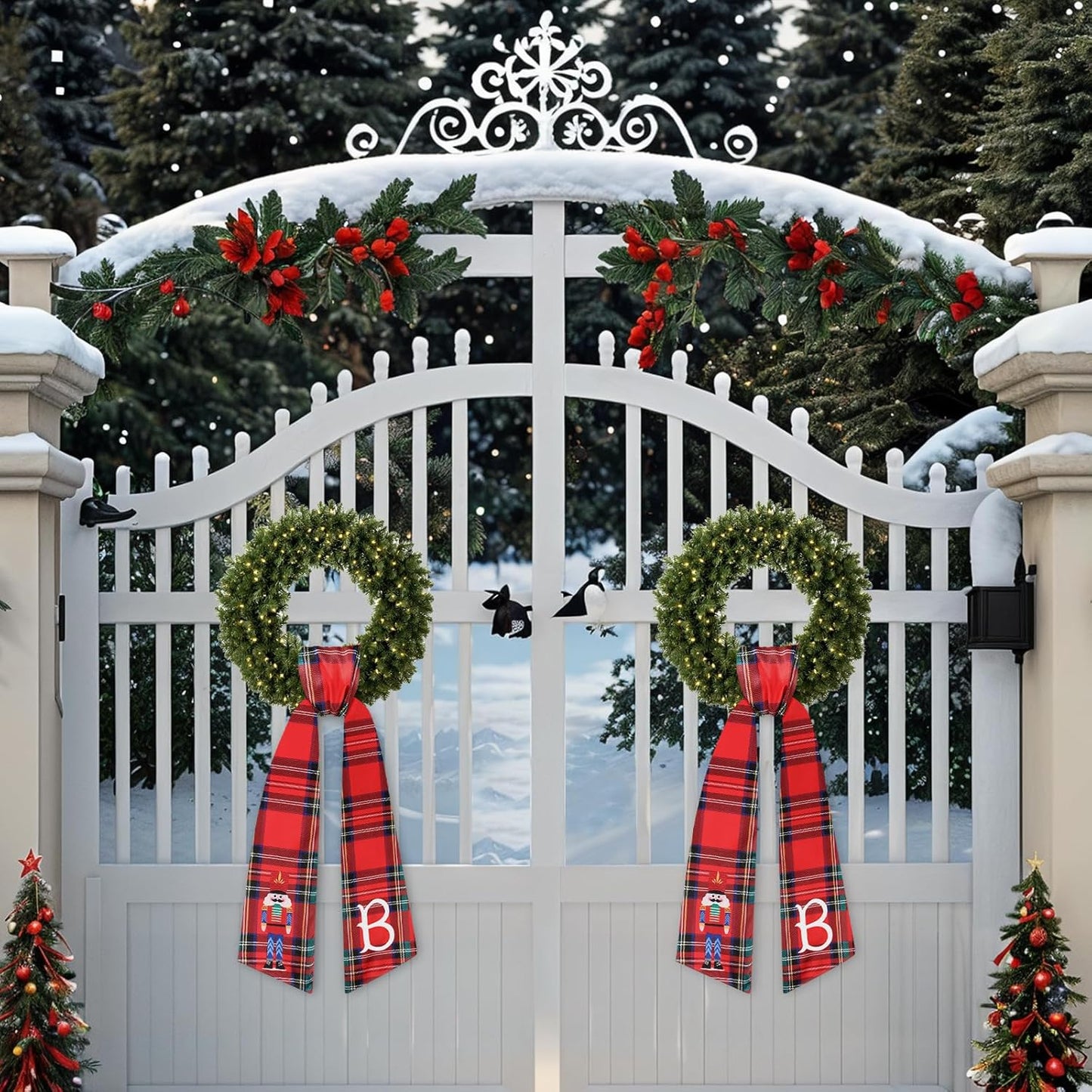 Regine Switzerland Christmas Wreath Sash - Red Plaid Nutcracker Monogram Satin Decor | 2 Pcs