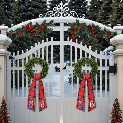 Regine Switzerland Christmas Wreath Sash - Red Plaid Nutcracker Monogram Satin Decor | 2 Pcs