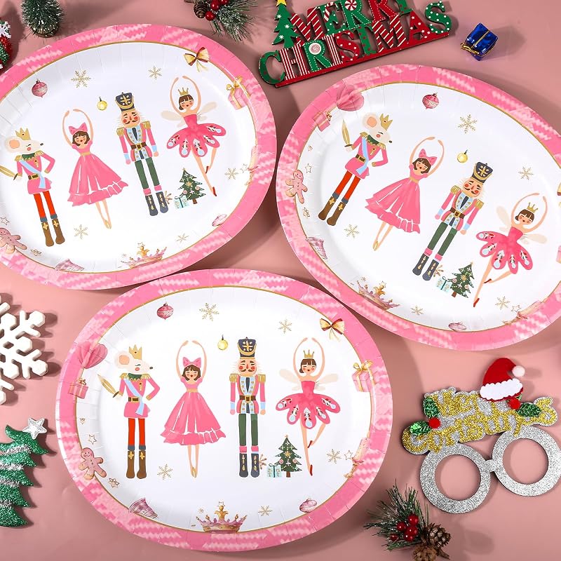 Christmas Pink Nutcracker Heavy-Duty Paper Plates, 10 x 12 Inch, Disposable Holiday Dinnerware - 50 Pack