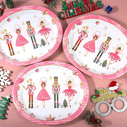 Christmas Pink Nutcracker Heavy-Duty Paper Plates, 10 x 12 Inch, Disposable Holiday Dinnerware - 50 Pack