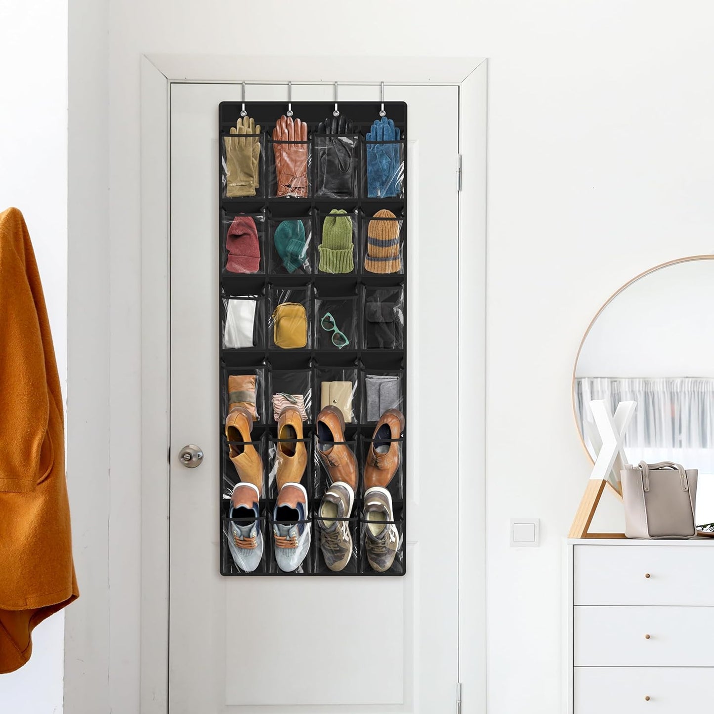 Simple Houseware Over The Door Shoe Organizer - 24 Large Clear Pockets, Black (56" x 22.5")