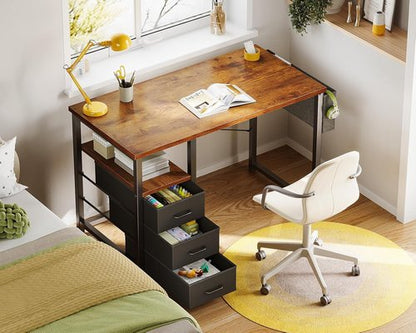 AODK 32" Small Computer Desk - Vintage Kids Study Writing Desk with Fabric Drawers & Storage Shelf