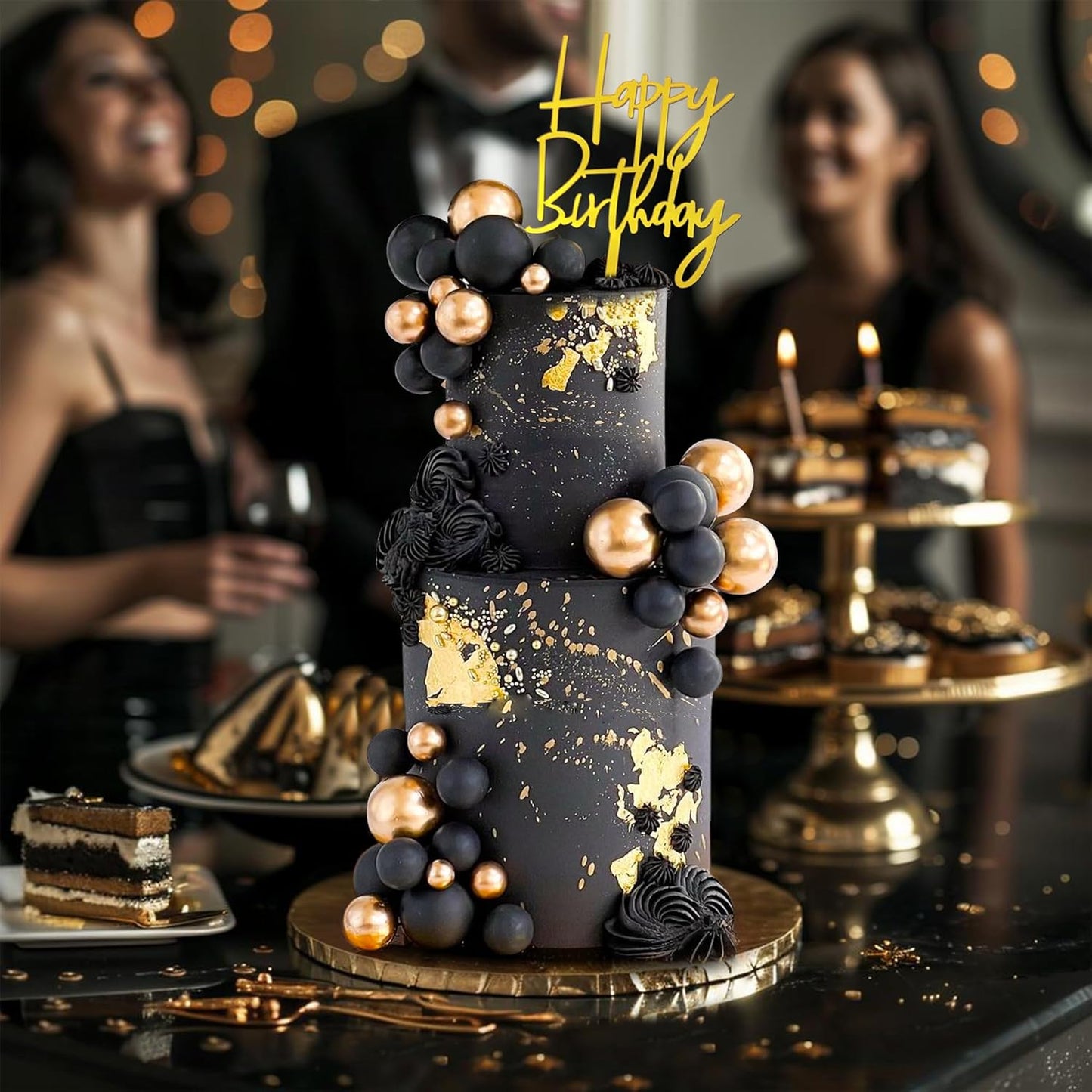 Skiennix 75 PCS Black and Gold Cake Decoration Set - Happy Birthday Inserts for DIY Parties