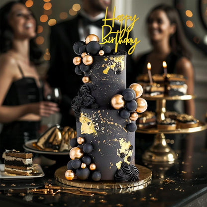 Skiennix 75 PCS Black and Gold Cake Decoration Set - Happy Birthday Inserts for DIY Parties