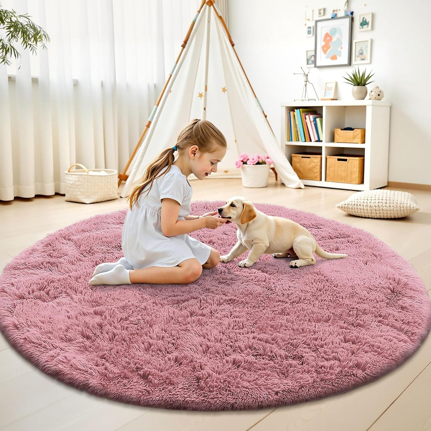OLANLY Round Pink Area Rug - Soft, Fluffy, Machine Washable 9 ft Circle Carpet for Bedroom & Nursery Decor