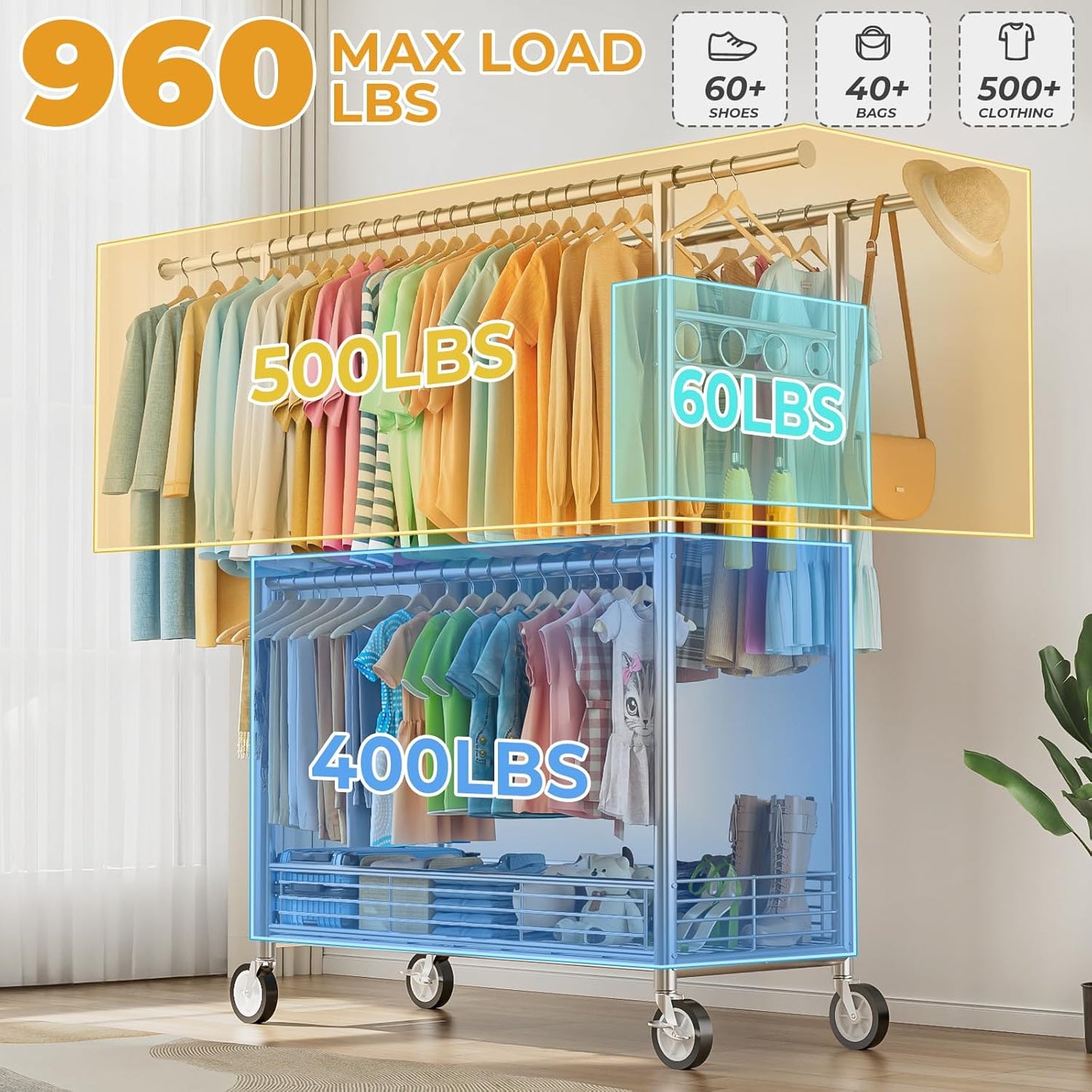 Skiennix Heavy Duty Clothes Rack - 960LBS Capacity, Portable & Adjustable with Sturdy Wheels | Silver