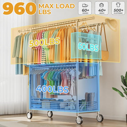 Skiennix Heavy Duty Clothes Rack - 960LBS Capacity, Portable & Adjustable with Sturdy Wheels | Silver