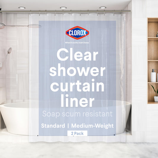 Clorox Shower Curtain Liner, Premium Medium-Weight Durable Waterproof 6g PEVA for Bathroom with Weighted Magnets, Standard Size 72" x 72", Clear 2 Pack