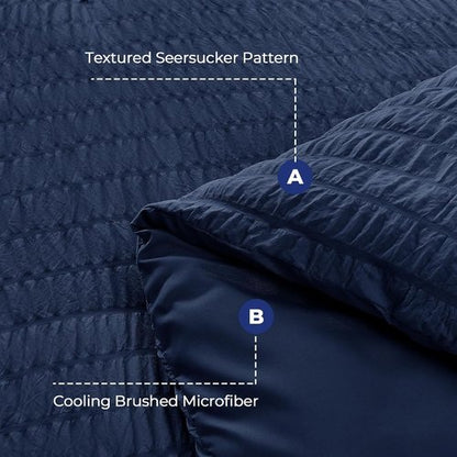HYMOKEGE King Size Comforter Set - Navy Blue Seersucker 7-Piece Luxury Bedding Set | All-Season Comfort